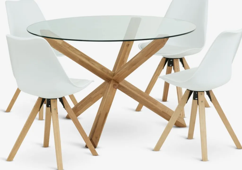 Mesas De Comedor|Conjuntos De Comedor>JYSK AGERBY + BLOKHUSMesa AGERBY Ø119 roble natural + 4 sillas BLOKHUS blanco