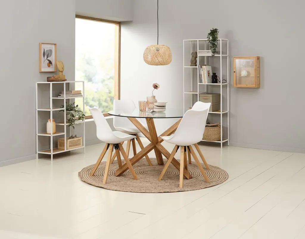 Mesas De Comedor|Conjuntos De Comedor>JYSK AGERBY + BLOKHUSMesa AGERBY Ø119 roble natural + 4 sillas BLOKHUS blanco