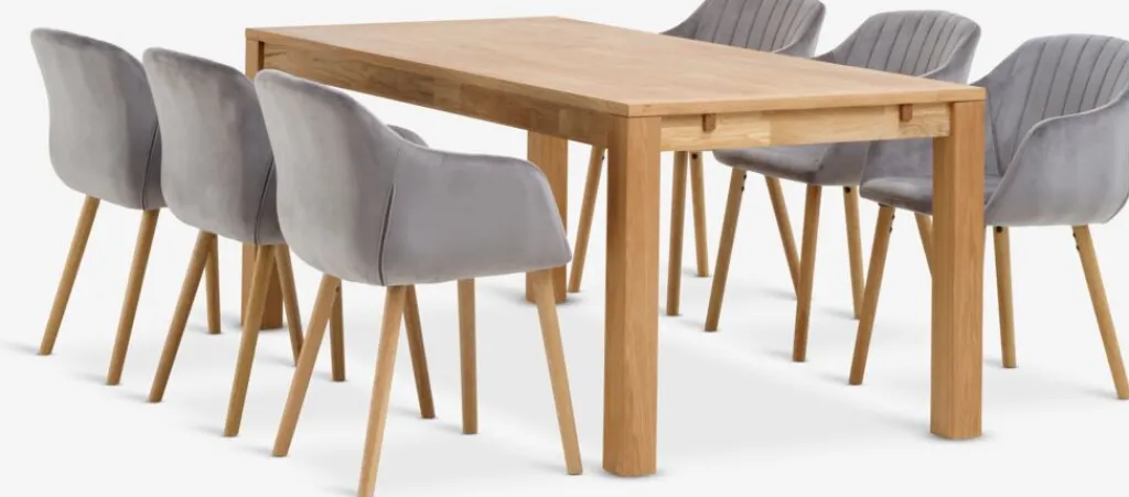 Mesas De Comedor|Conjuntos De Comedor>JYSK HAGE + ADSLEVMesa HAGE L190 roble natural+4 sillas ADSLEV terciopelo gris