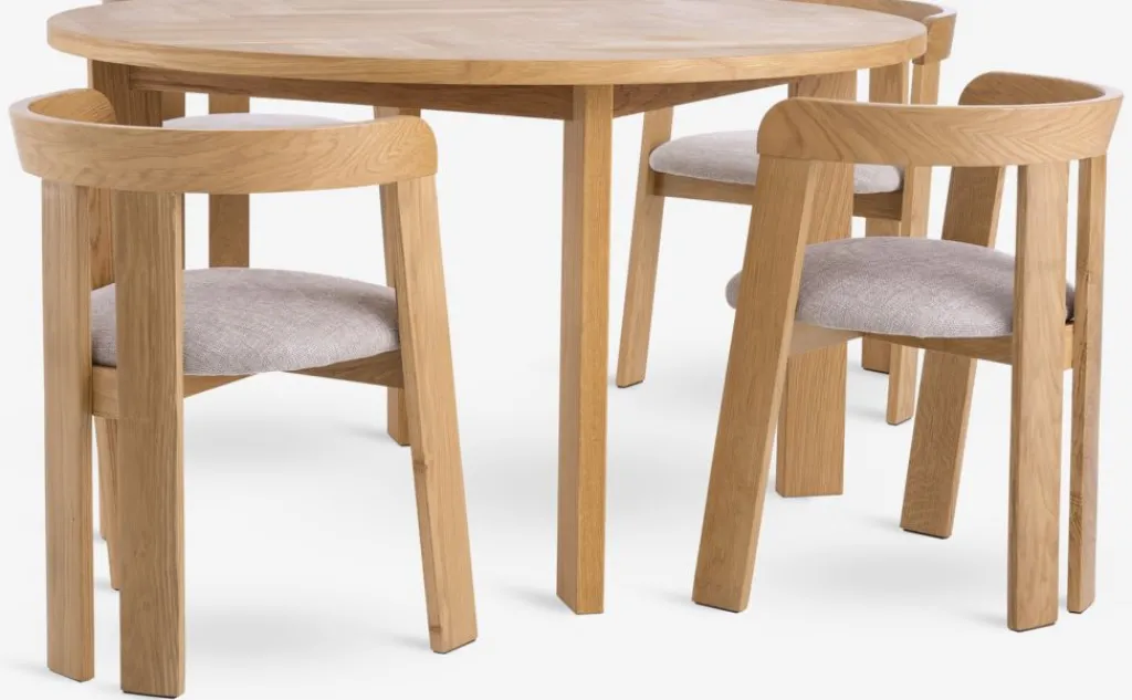 Mesas De Comedor|Conjuntos De Comedor>JYSK HARESKOV + BOVRUPMesa HARESKOV Ø129 roble natural + 4 sillas BOVRUP roble