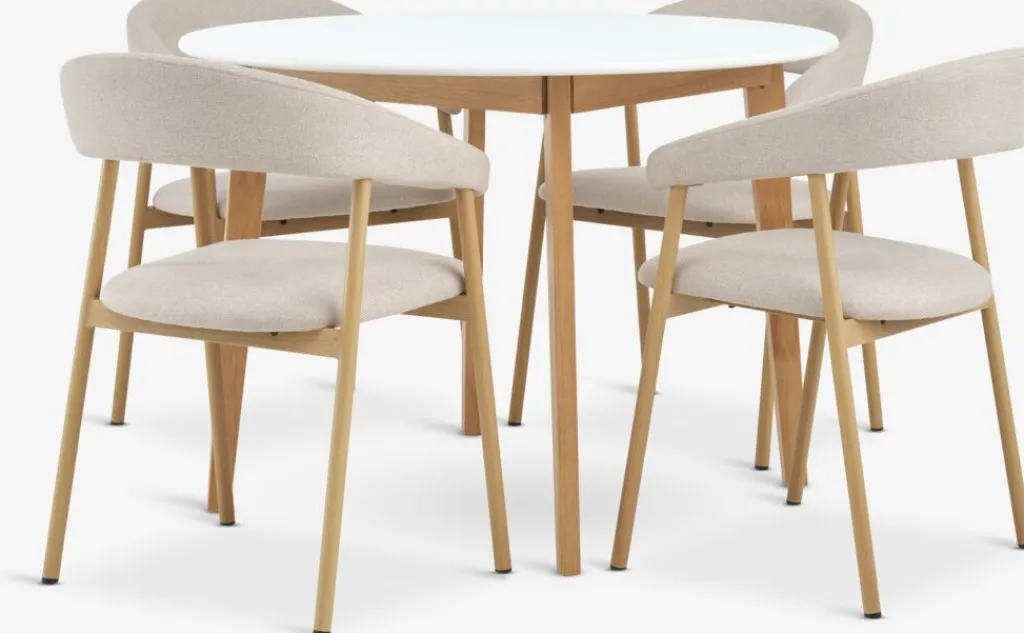 Mesas De Comedor|Conjuntos De Comedor>JYSK JEGIND + EJSINGMesa JEGIND Ø105 blanco + 4 sillas EJSING beis/roble natural