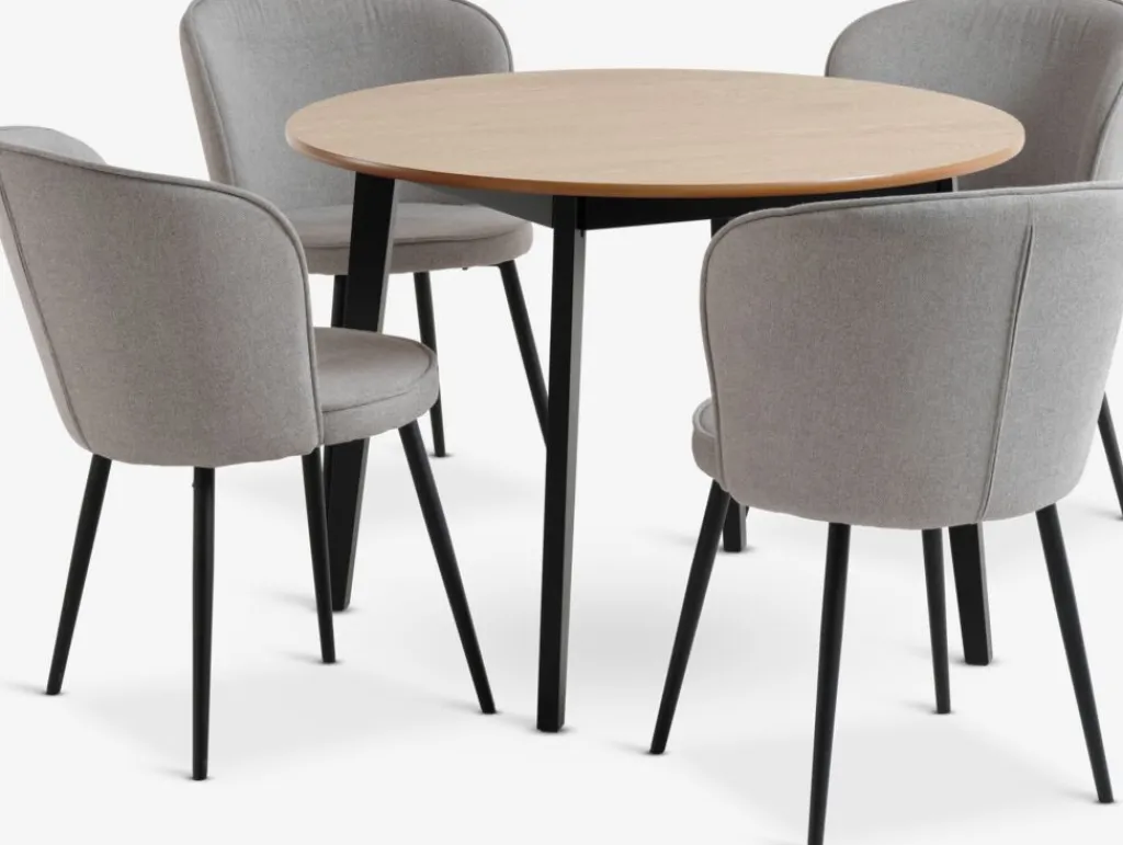 Mesas De Comedor|Conjuntos De Comedor>JYSK JEGIND + RISSKOVMesa JEGIND Ø105 roble/negro + 4 sillas RISSKOV gris claro
