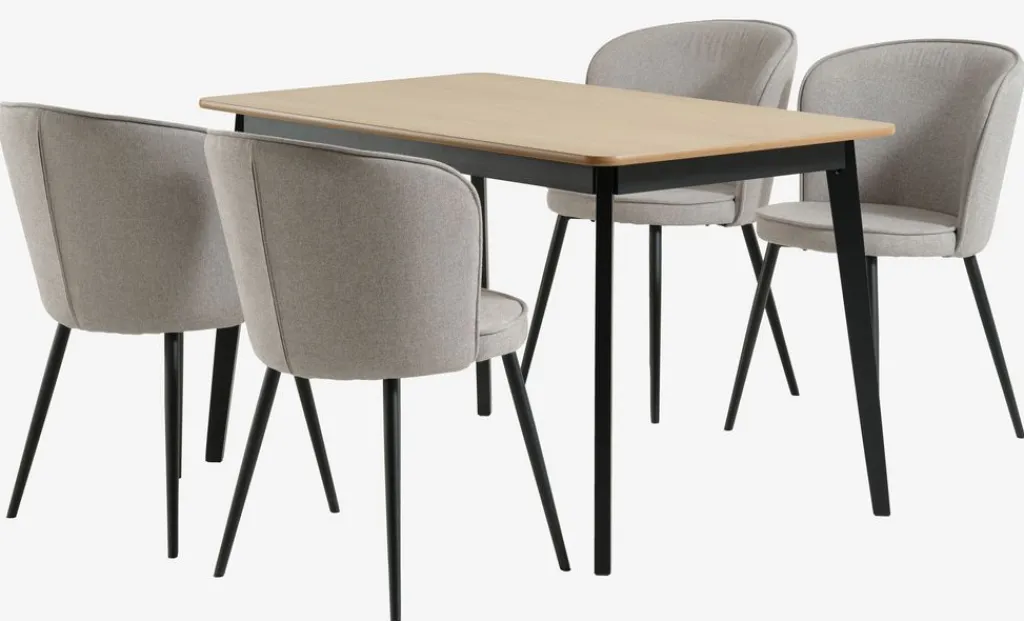 Mesas De Comedor|Conjuntos De Comedor>JYSK JEGIND + RISSKOVMesa JEGIND L130 roble/negro + 4 sillas RISSKOV gris claro