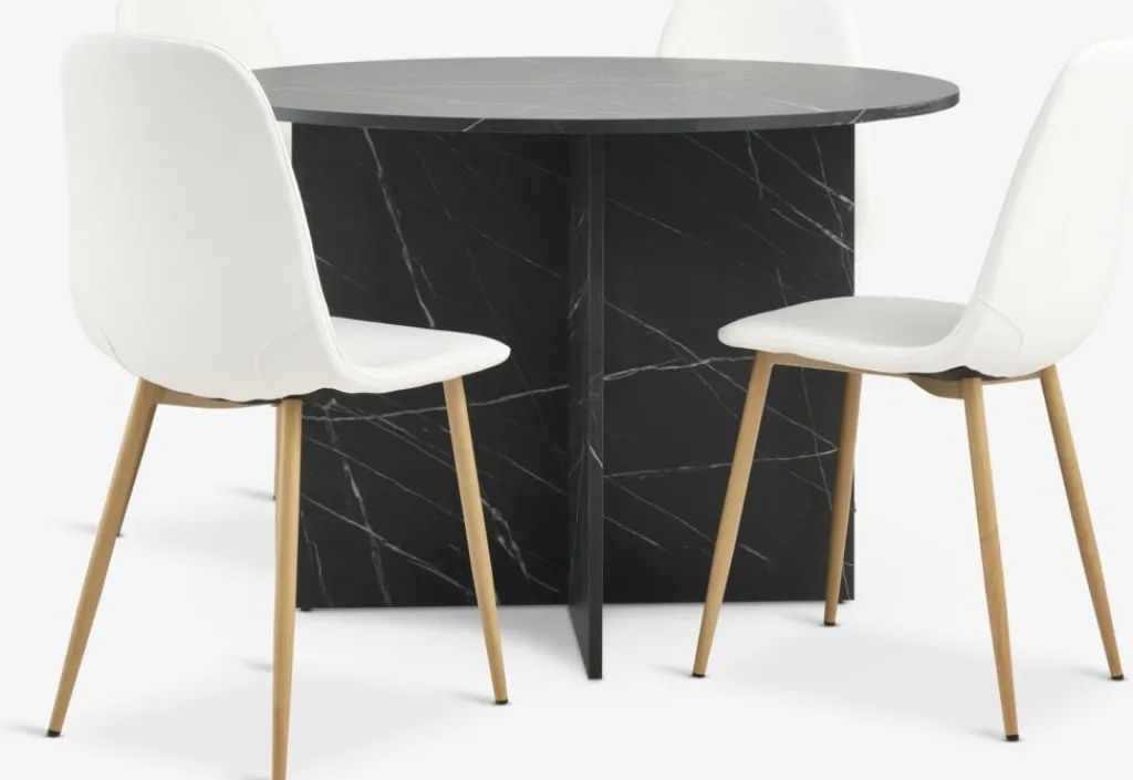 Mesas De Comedor|Conjuntos De Comedor>JYSK KRONDAL + JONSTRUPMesa KRONDAL Ø110 mármol + 4 sillas JONSTRUP blanco Blanco+Roble natural