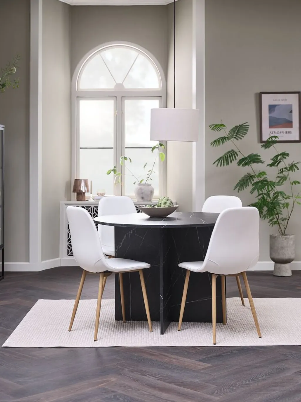 Mesas De Comedor|Conjuntos De Comedor>JYSK KRONDAL + JONSTRUPMesa KRONDAL Ø110 mármol + 4 sillas JONSTRUP blanco Blanco+Roble natural