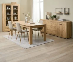 Mesas De Comedor|Conjuntos De Comedor>JYSK LINTRUP + BISTRUPMesa LINTRUP L190/280 roble salvaje + 4 sillas BISTRUP arena