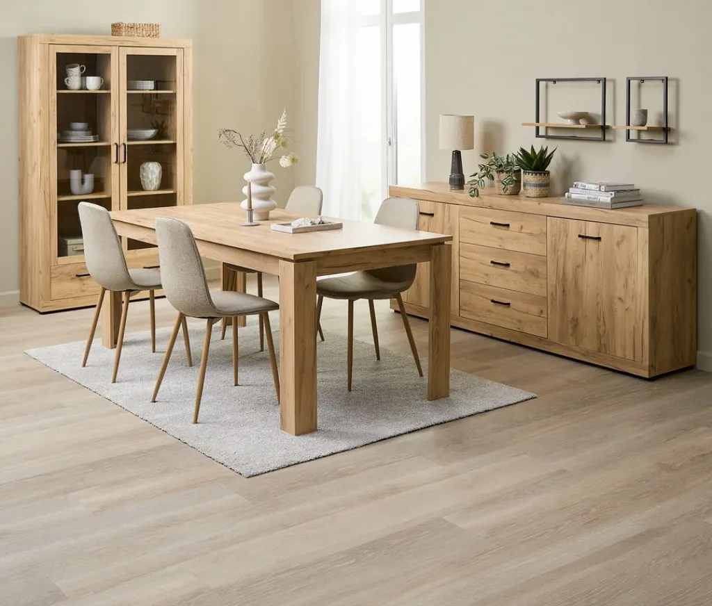 Mesas De Comedor|Conjuntos De Comedor>JYSK LINTRUP + BISTRUPMesa LINTRUP L190/280 roble salvaje + 4 sillas BISTRUP arena