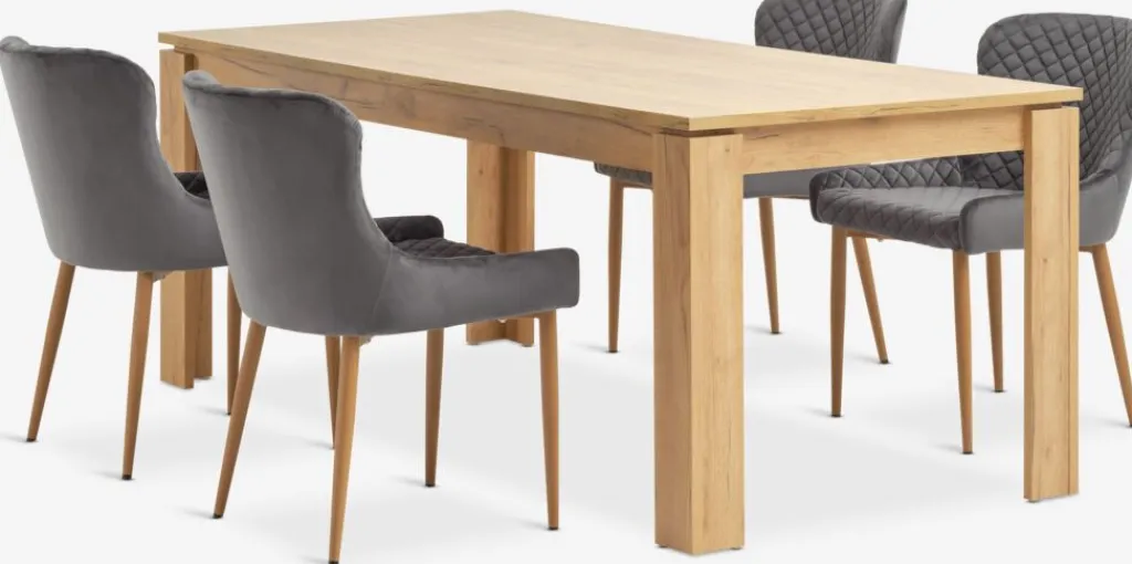 Mesas De Comedor|Conjuntos De Comedor>JYSK LINTRUP + PEBRINGEMesa LINTRUP L190/280 roble salvaje + 4 sillas PEBRINGE gris