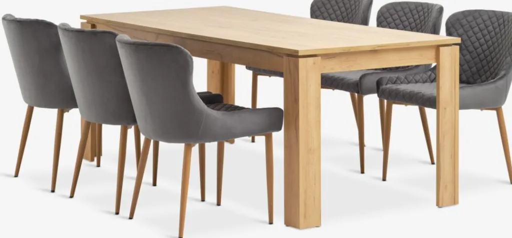 Mesas De Comedor|Conjuntos De Comedor>JYSK LINTRUP + PEBRINGEMesa LINTRUP L190/280 roble salvaje + 4 sillas PEBRINGE gris