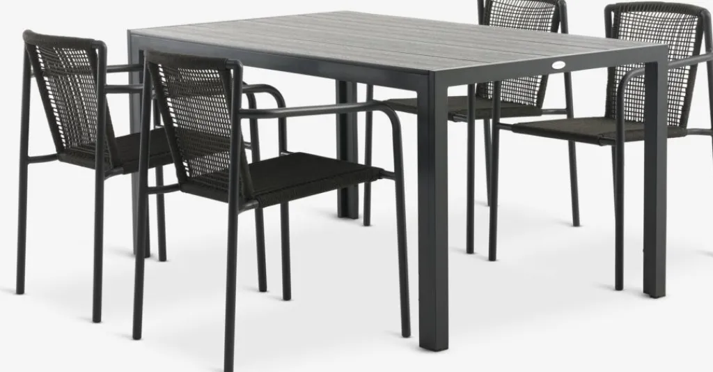 Conjuntos Mesa Y Sillas De Jardín>JYSK MADERUP + KRISTIANSTADMesa MADERUP L150 negro + 4 sillas KRISTIANSTAD verde