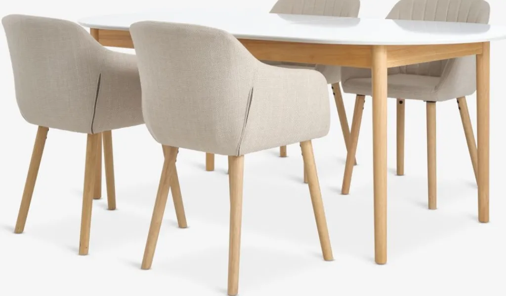Mesas De Comedor|Conjuntos De Comedor>JYSK MARSTRAND + ADSLEVMesa MARSTRAND L200/280 blanco + 4 sillas ADSLEV beis