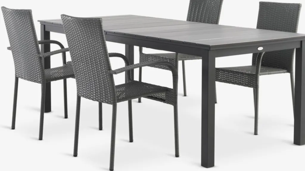 Conjuntos Mesa Y Sillas De Jardín>JYSK MOSS + GUDHJEMMesa MOSS L214/315 + 4 sillas GUDHJEM gris