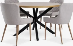 Mesas De Comedor|Conjuntos De Comedor>JYSK NORTOFT + BELLINGEMesa NORTOFT Ø120 roble cálido+4 sillas BELLINGE arena/roble