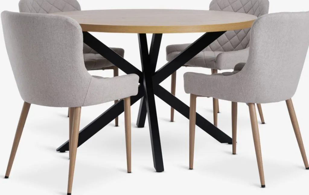 Mesas De Comedor|Conjuntos De Comedor>JYSK NORTOFT + BELLINGEMesa NORTOFT Ø120 roble cálido+4 sillas BELLINGE arena/roble