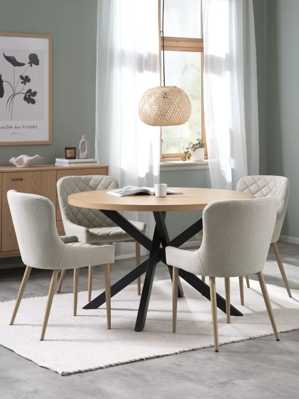 Mesas De Comedor|Conjuntos De Comedor>JYSK NORTOFT + BELLINGEMesa NORTOFT Ø120 roble cálido+4 sillas BELLINGE arena/roble