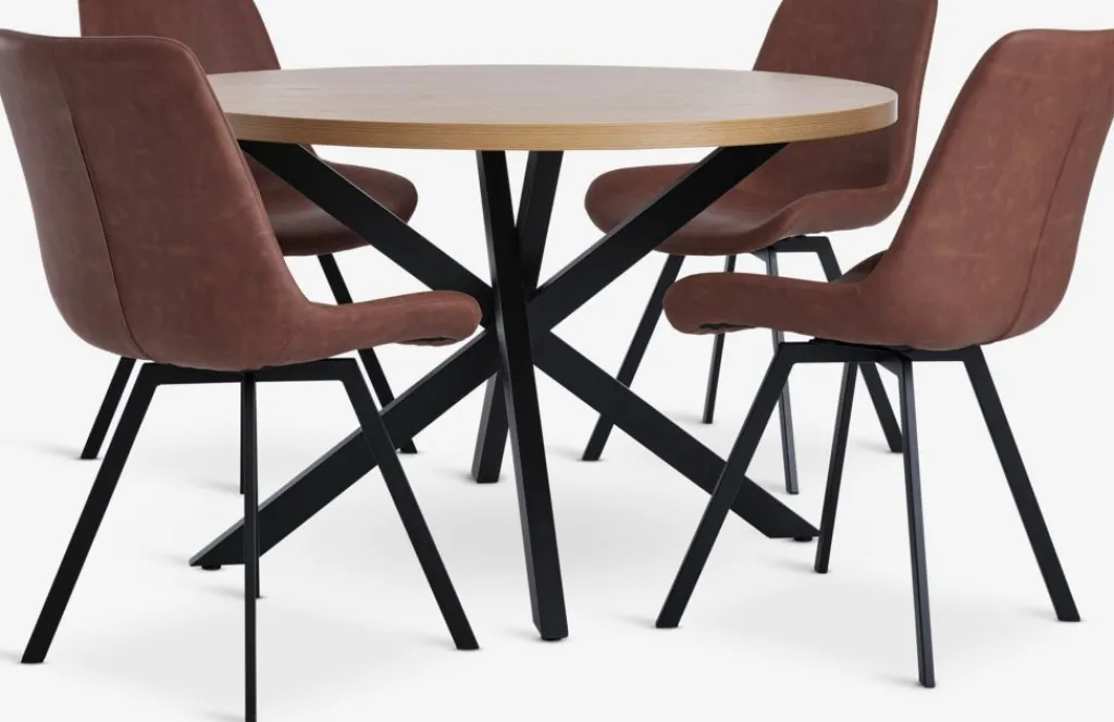 Mesas De Comedor|Conjuntos De Comedor>JYSK NORTOFT + HYGUMMesa NORTOFT Ø120 roble cálido + 4 sillas HYGUM marrón/negro