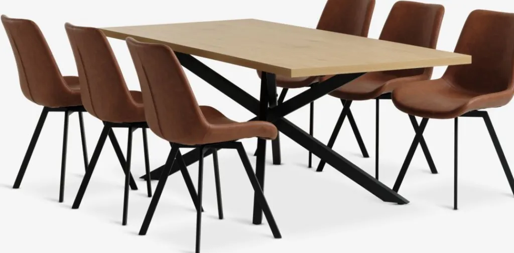 Mesas De Comedor|Conjuntos De Comedor>JYSK NORTOFT + HYGUMMesa NORTOFT L200 roble cálido + 4 sillas HYGUM marrón/negro