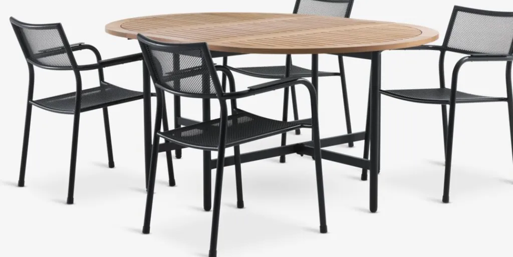 Conjuntos Mesa Y Sillas De Jardín>JYSK RENA + HEMSEDALMesa RENA L54/175 madera dura + 4 sillas HEMSEDAL negro