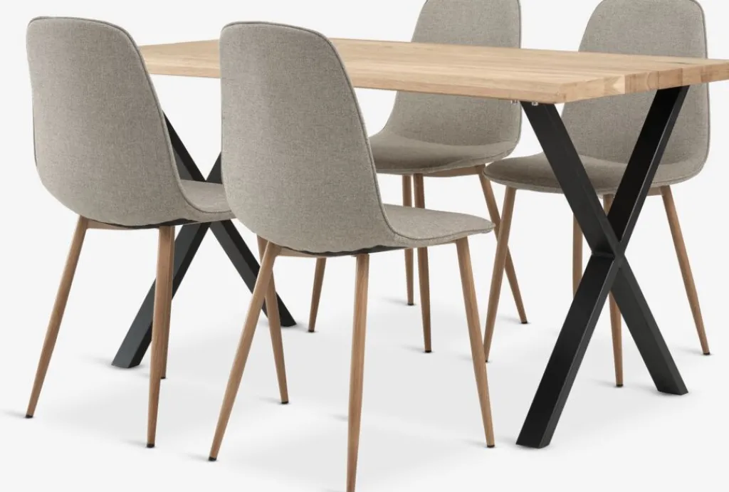 Mesas De Comedor|Conjuntos De Comedor>JYSK ROSLEV + BISTRUPMesa ROSLEV L140 roble natural + 4 sillas BISTRUP arena