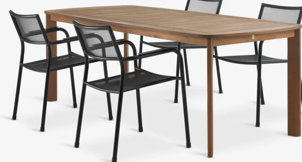Conjuntos Mesa Y Sillas De Jardín>JYSK UVDAL + HEMSEDALMesa UVDAL L223 madera dura + 4 sillas HEMSEDAL negro